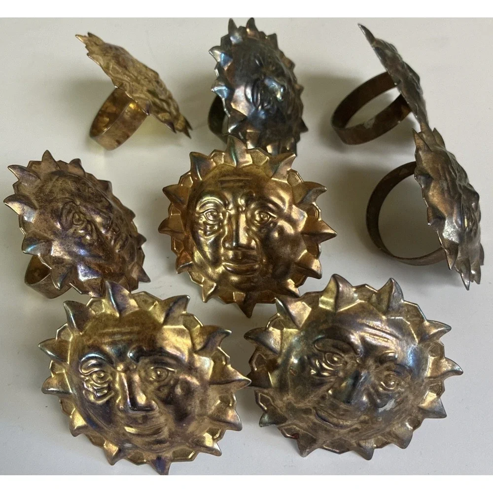 Napkin Rings Celestial Sun Face Brass‎ Tone Metal Set Of 8 Vintage